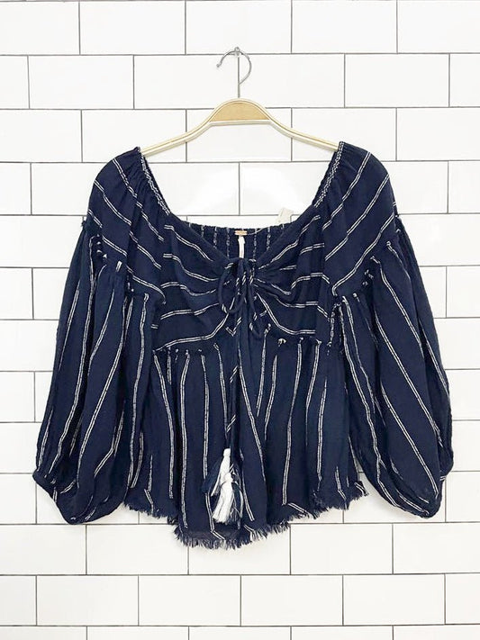 nwt free people boho pinstripe smocked-back peasant top | made in India - good market thrift store