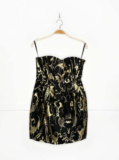 nwt h&m wool - blend gold brocade pleated strapless cocktail dress - good market thrift store