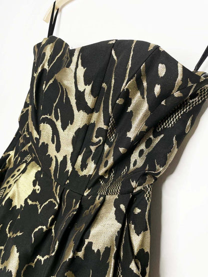 nwt h&m wool - blend gold brocade pleated strapless cocktail dress - good market thrift store