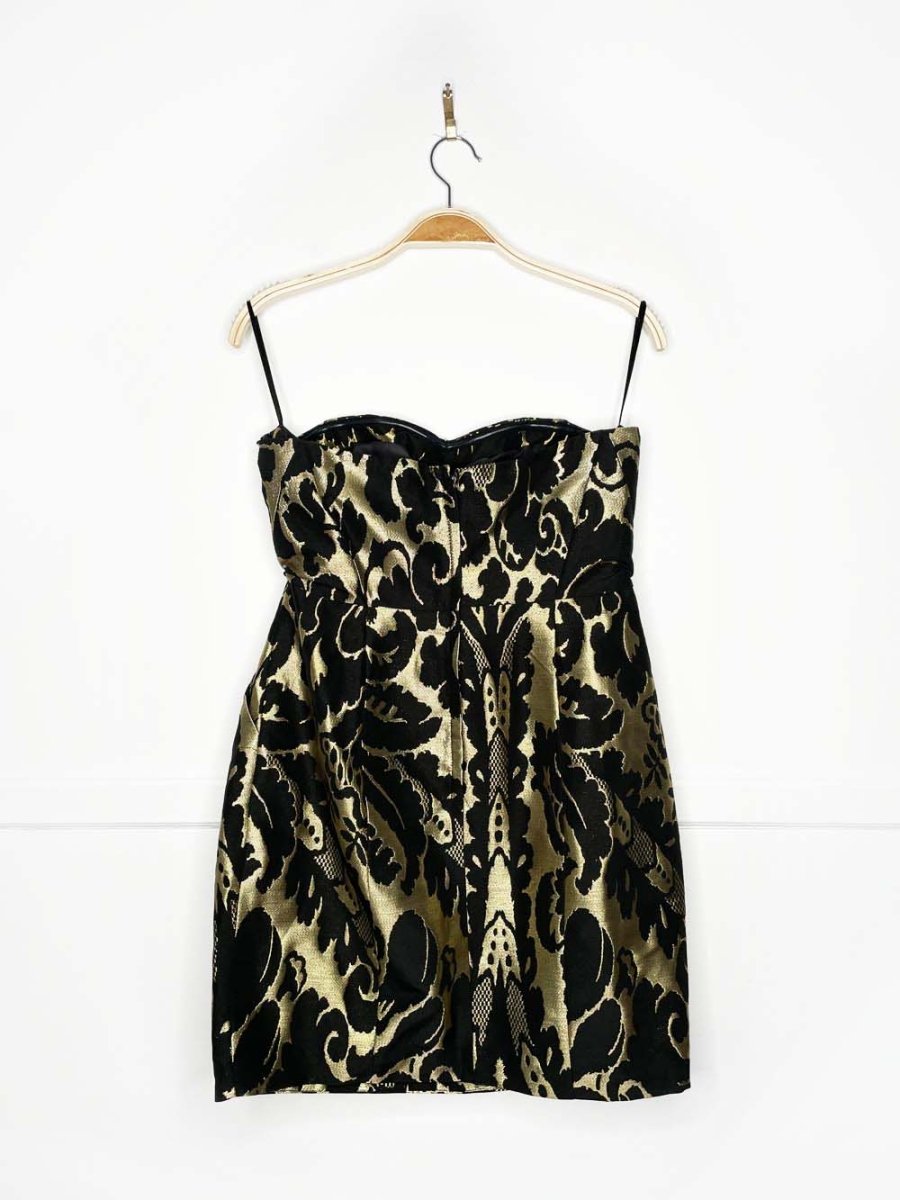 nwt h&m wool - blend gold brocade pleated strapless cocktail dress - good market thrift store