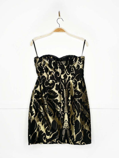 nwt h&m wool - blend gold brocade pleated strapless cocktail dress - good market thrift store