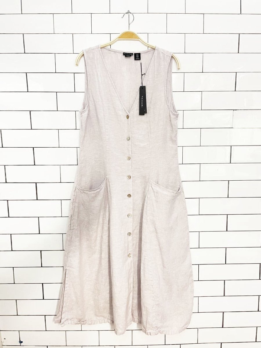 nwt tahari 100% linen full button sleeveless midi dress - good market thrift store