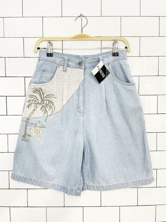 nwt vintage 90s together palm tree appliqué pleated long denim shorts - good market thrift store