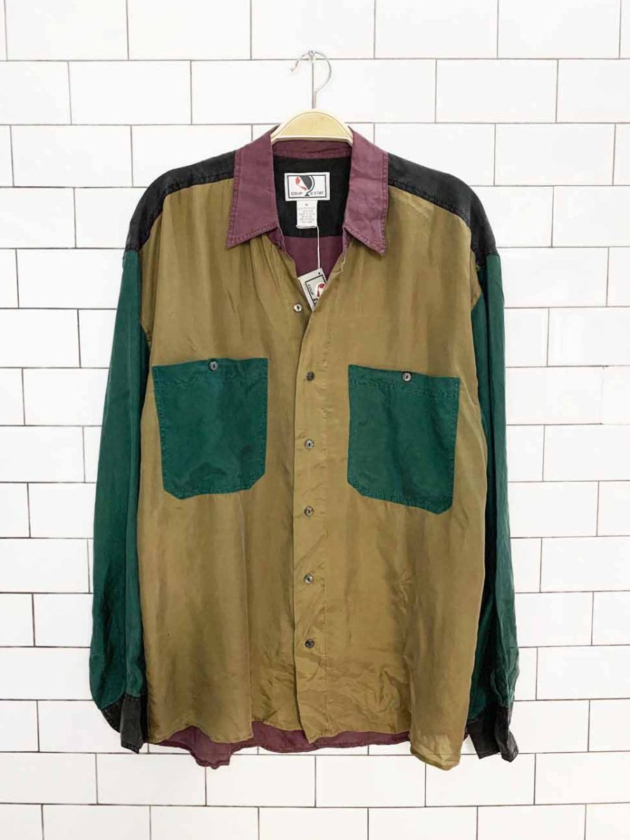 nwt vintage coup d'etat 100% silk colour block full button shirt - good market thrift store