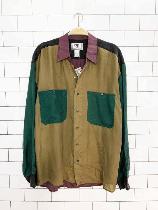 nwt vintage coup d'etat 100% silk colour block full button shirt - good market thrift store