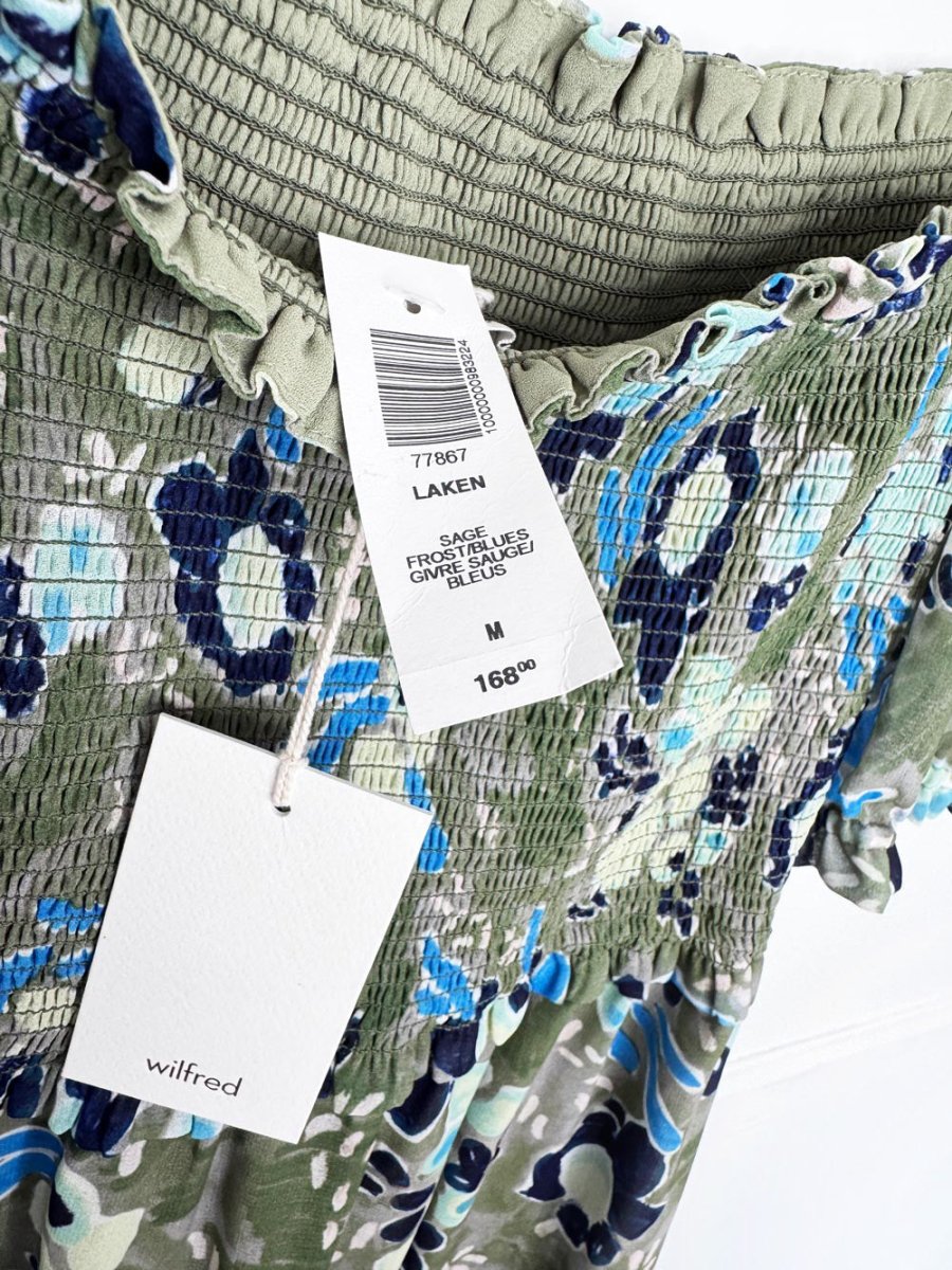 nwt wilfred laken chiffon floral puff sleeve smocked mini dress | aritzia - good market thrift store