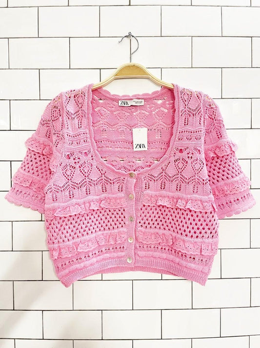 nwt zara crochet pointelle ruffle crop cardigan top - good market thrift store