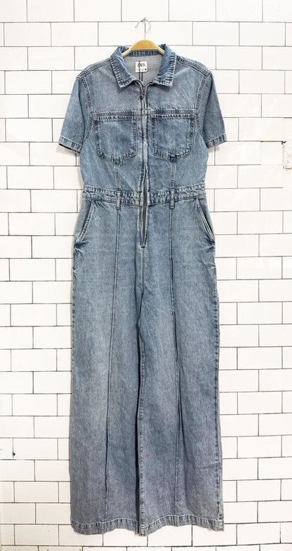 nwt zara denim short sleeve zip wide leg jumpsuit - good market thrift store
