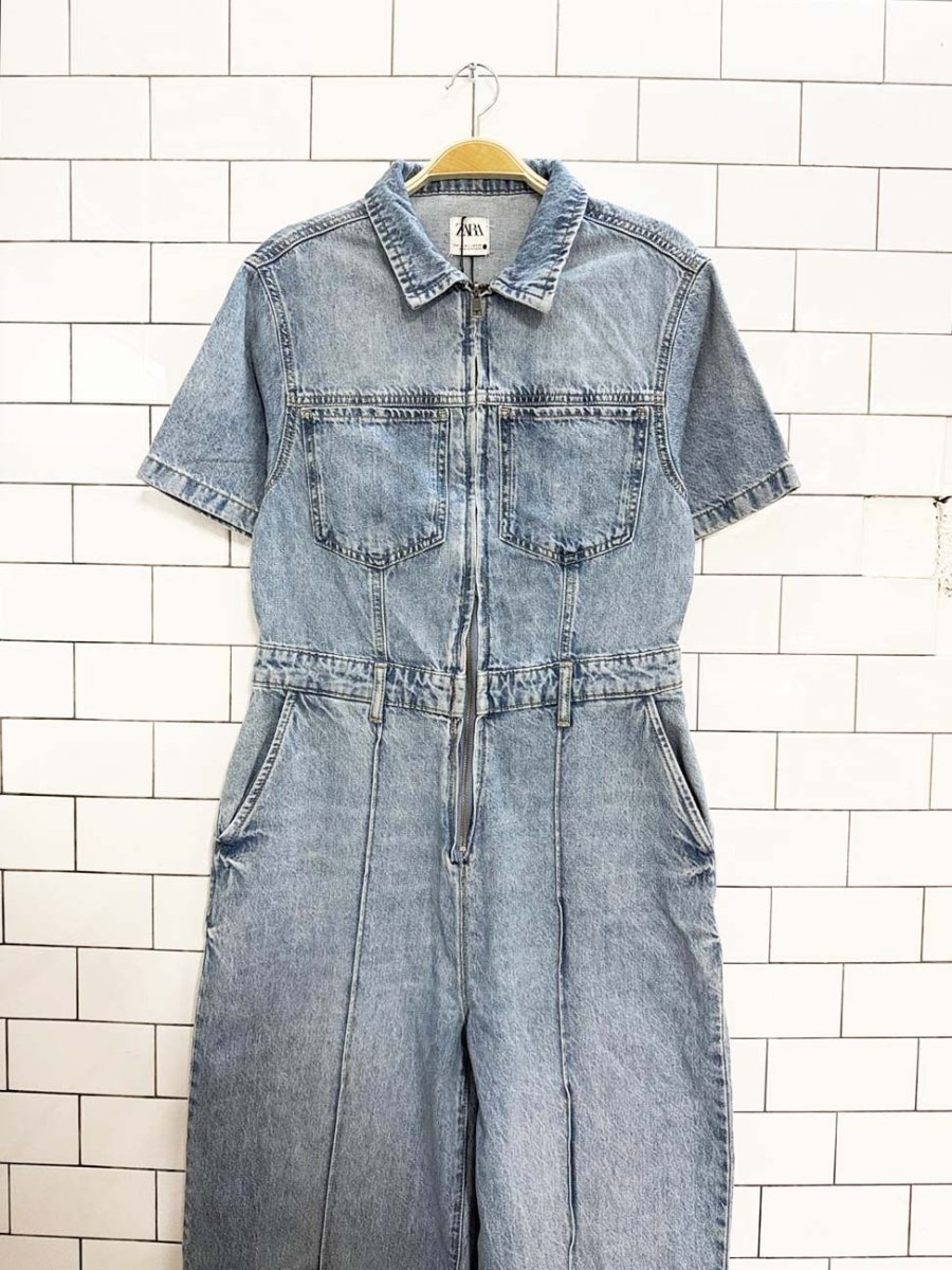 nwt zara denim short sleeve zip wide leg jumpsuit - good market thrift store