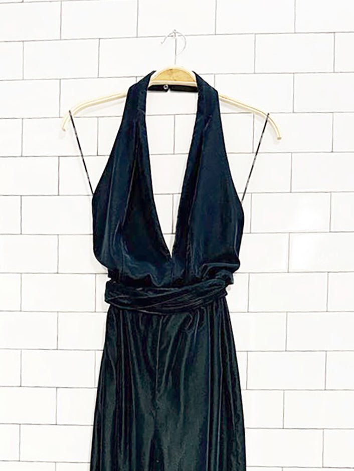 nwt zara velvet halter top tie waist wide leg jumpsuit - good market thrift store