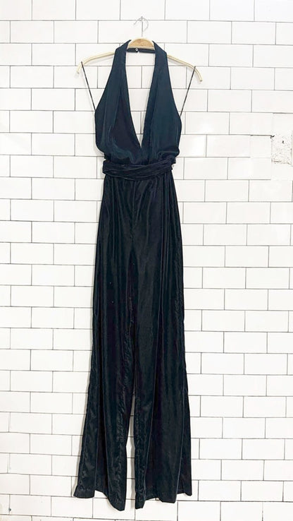 nwt zara velvet halter top tie waist wide leg jumpsuit - good market thrift store
