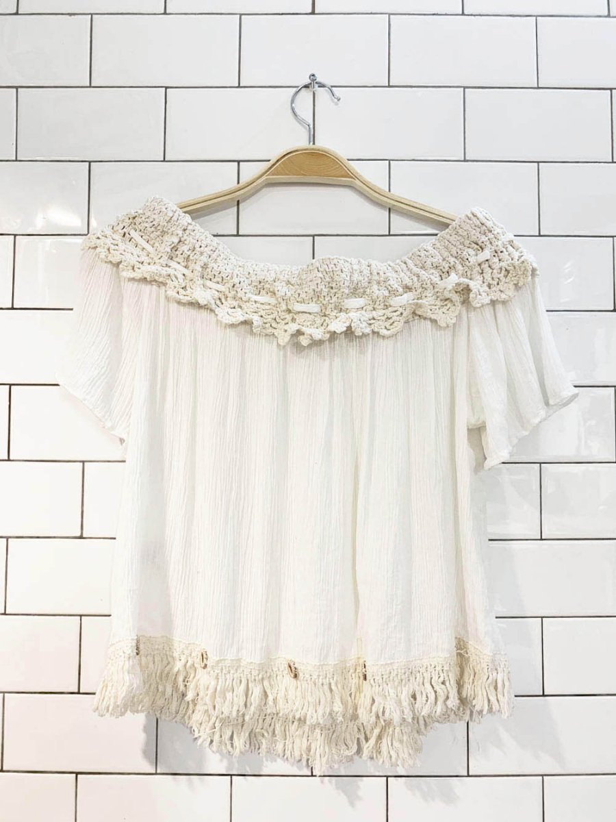 ocean drive crochet trim off shoulder boho top - good market thrift store