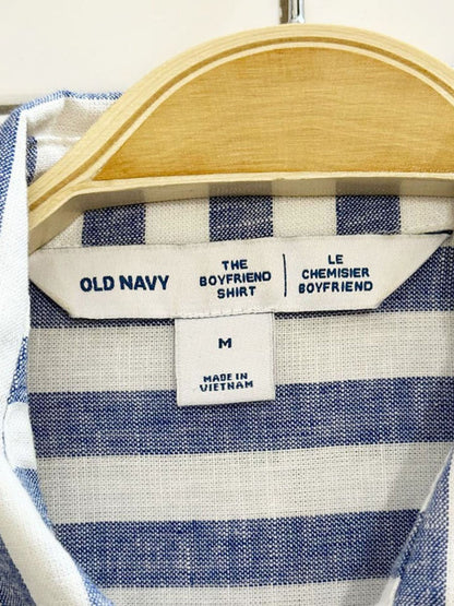 old navy linen - blend oversized striped boyfriend shirt - good market thrift store