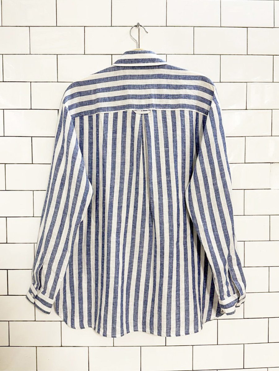old navy linen - blend oversized striped boyfriend shirt - good market thrift store