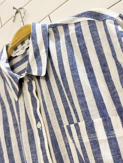 old navy linen - blend oversized striped boyfriend shirt - good market thrift store
