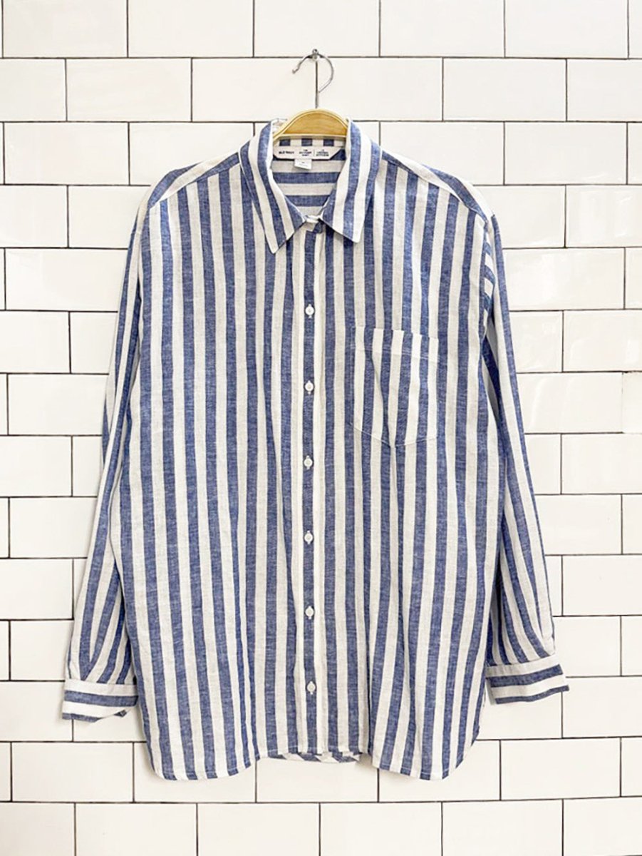 old navy linen - blend oversized striped boyfriend shirt - good market thrift store