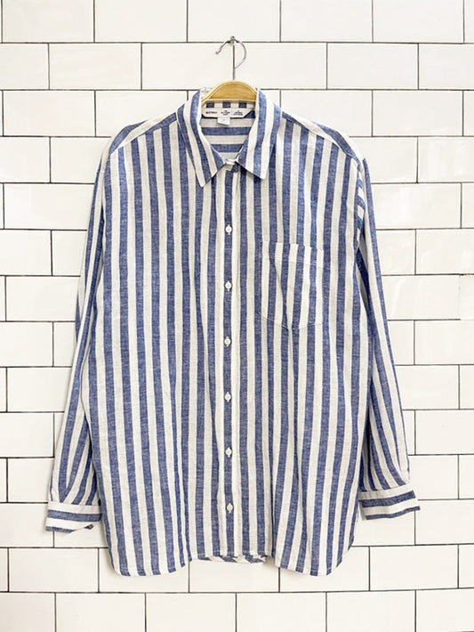 old navy linen - blend oversized striped boyfriend shirt - good market thrift store