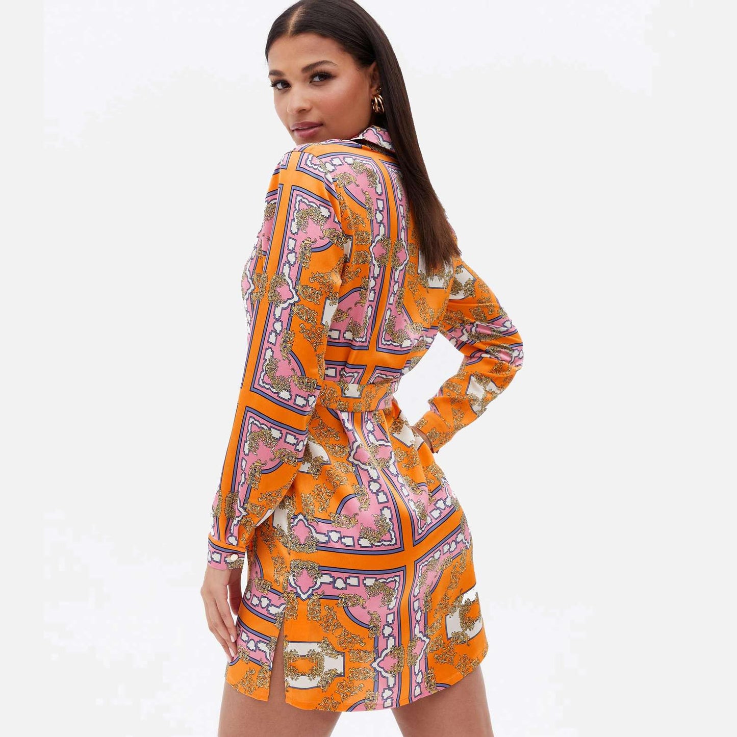 new look scarf print belted satin shirt dress