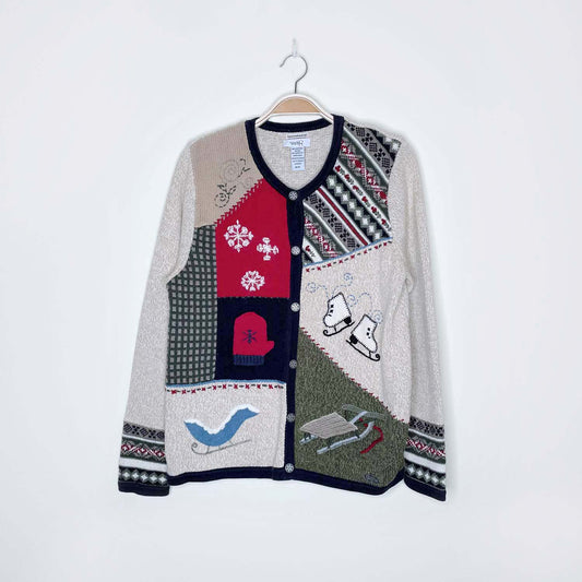 vintage nr hand embroidered holiday patchwork knit cardi - size medium