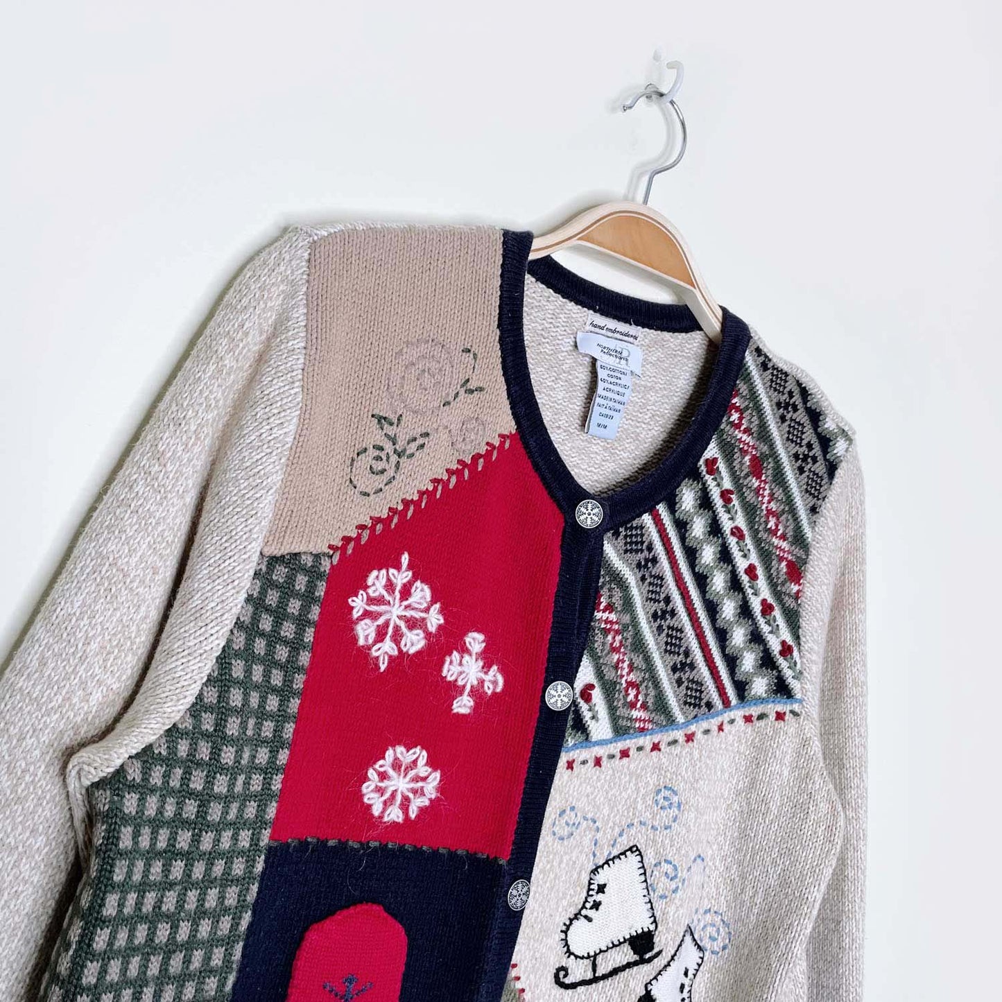 vintage nr hand embroidered holiday patchwork knit cardi - size medium