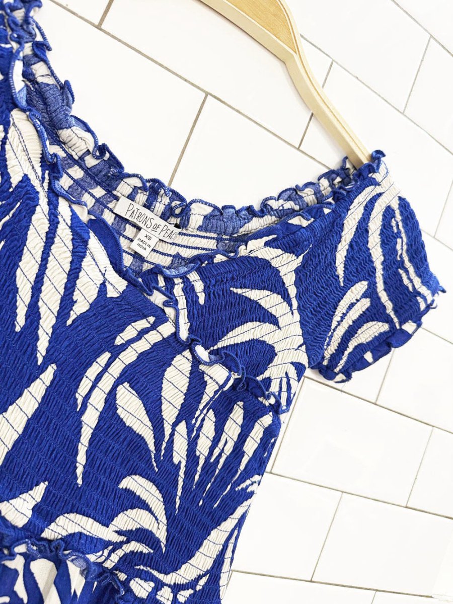 patrons of peace tropical smocked wrap top wide leg jumpsuit - good market thrift store