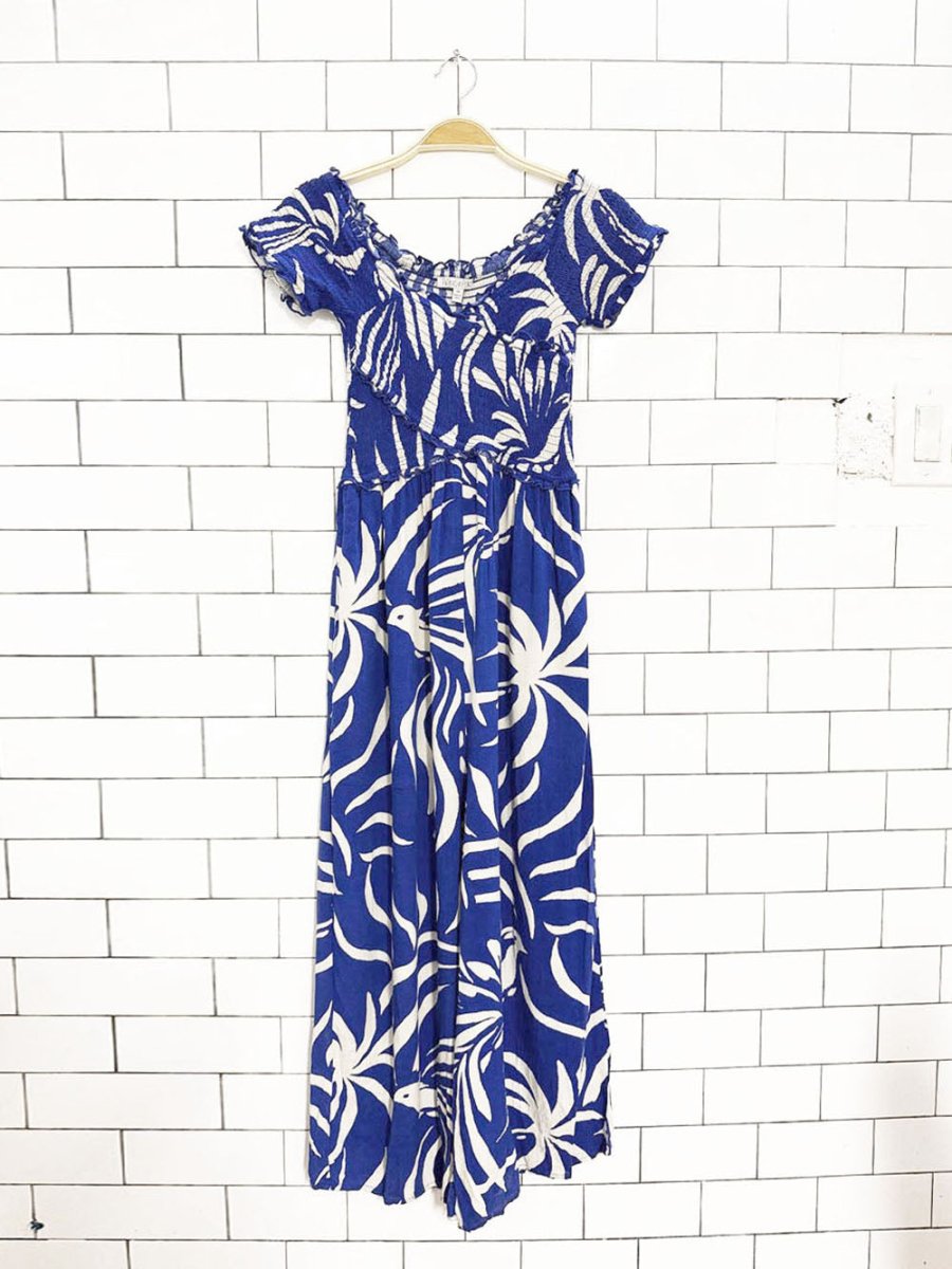 patrons of peace tropical smocked wrap top wide leg jumpsuit - good market thrift store