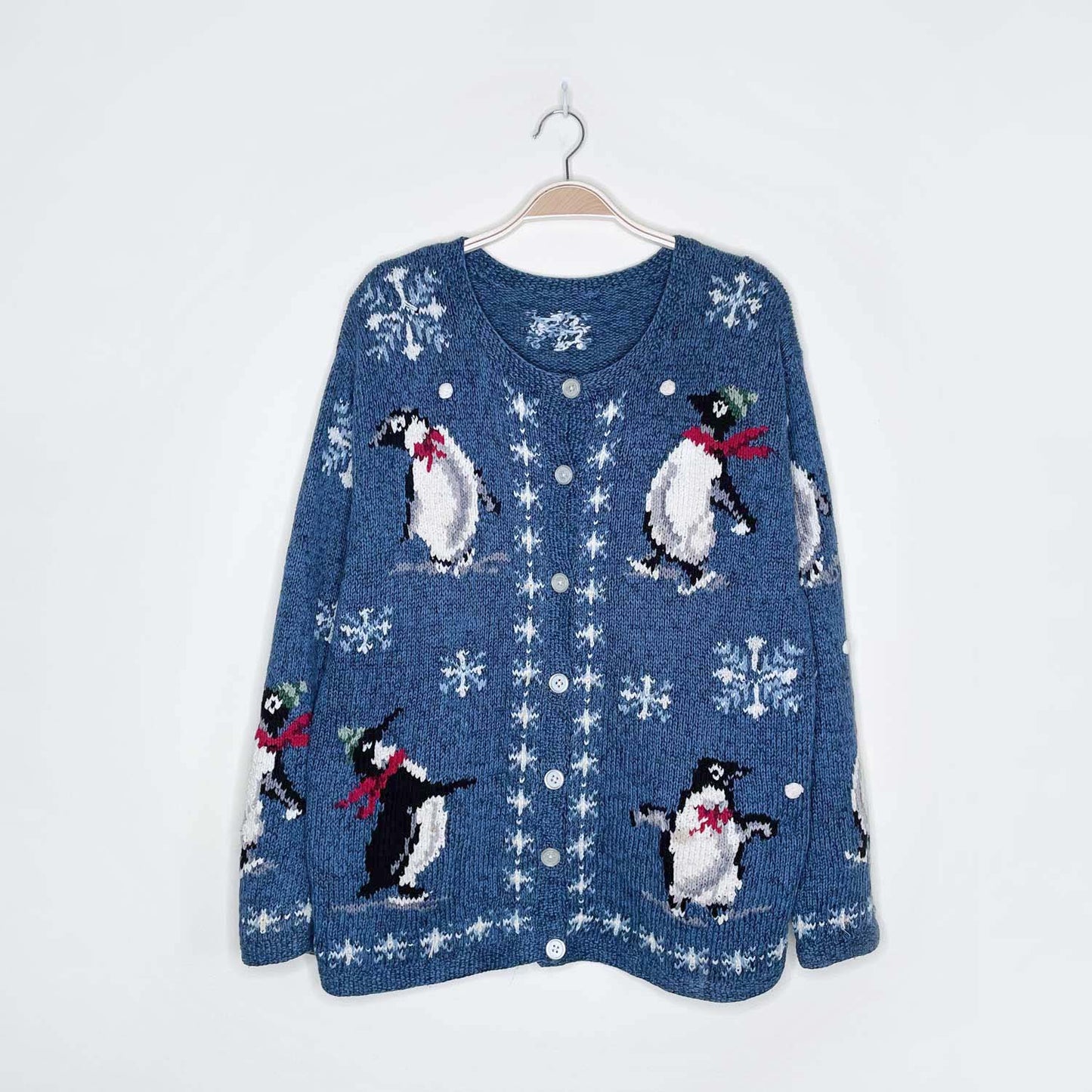 vintage holiday penguins linen-blend cardigan - size medim