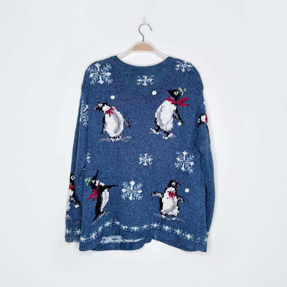 vintage holiday penguins linen-blend cardigan - size medim