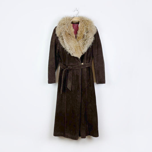 vintage suede penny lane trench coat w fox fur collar - size xs