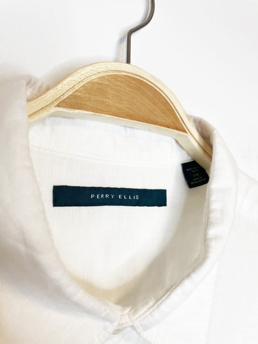 perry ellis linen-blend boxy cropped sporty prep shirt | rework - good market thrift store