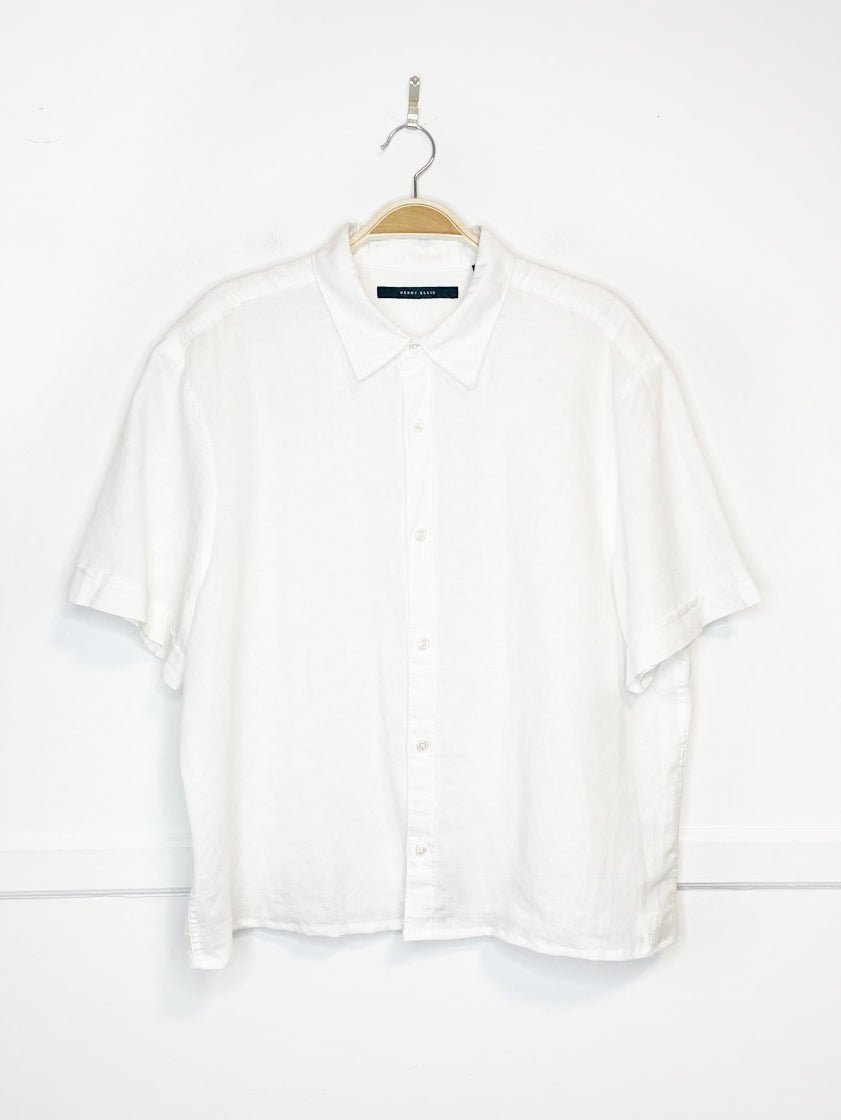 perry ellis linen-blend boxy cropped sporty prep shirt | rework - good market thrift store