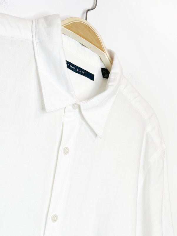 perry ellis linen-blend boxy cropped sporty prep shirt | rework - good market thrift store