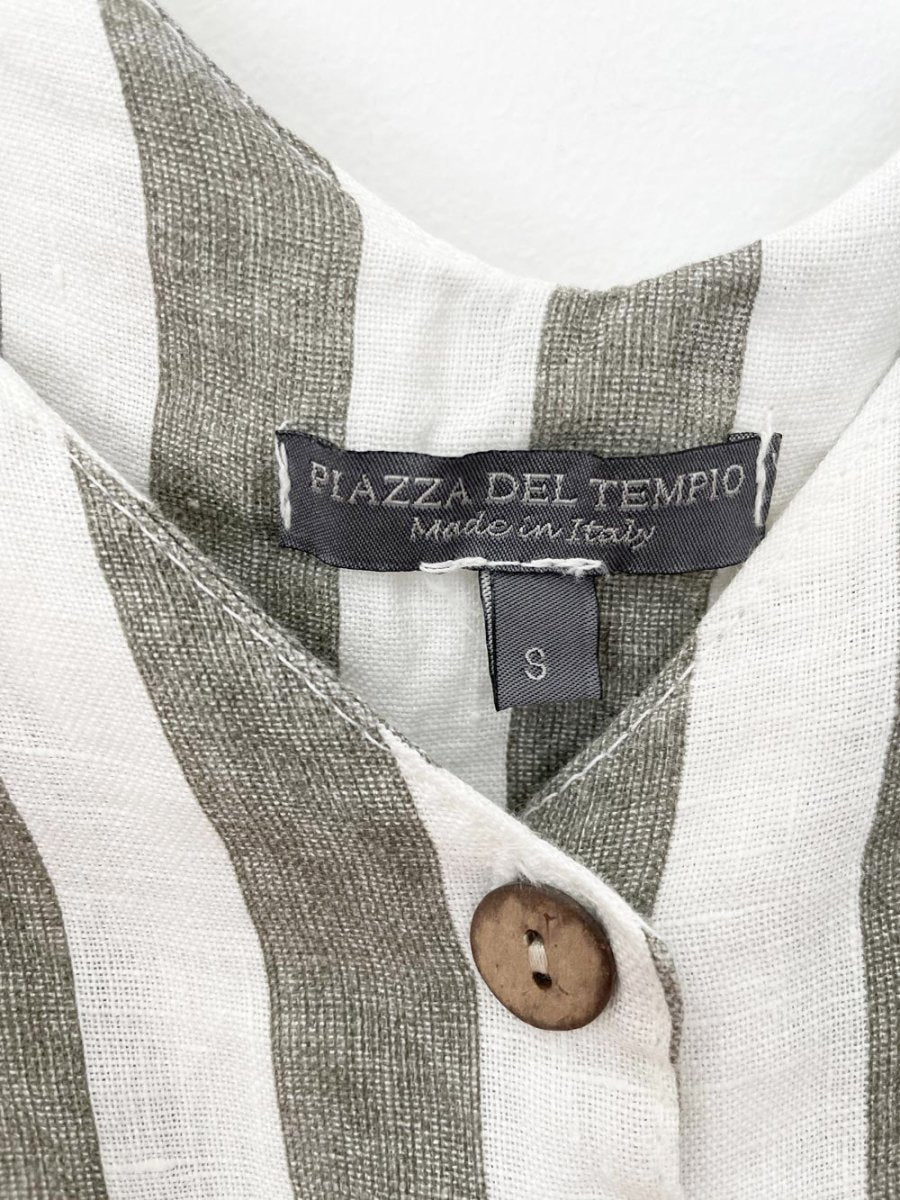 piazza del tempio 100% linen striped full button belted midi dress | made in italy - good market thrift store