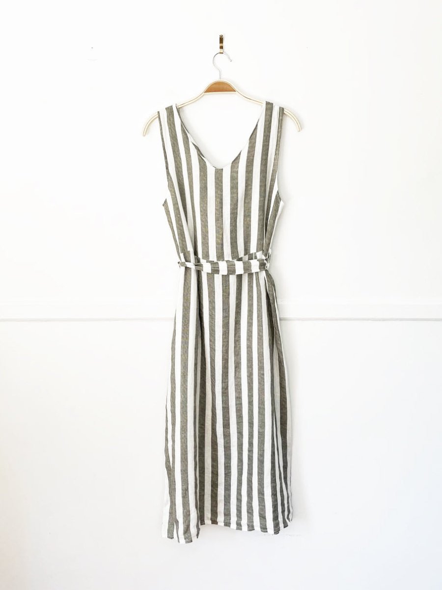 piazza del tempio 100% linen striped full button belted midi dress | made in italy - good market thrift store