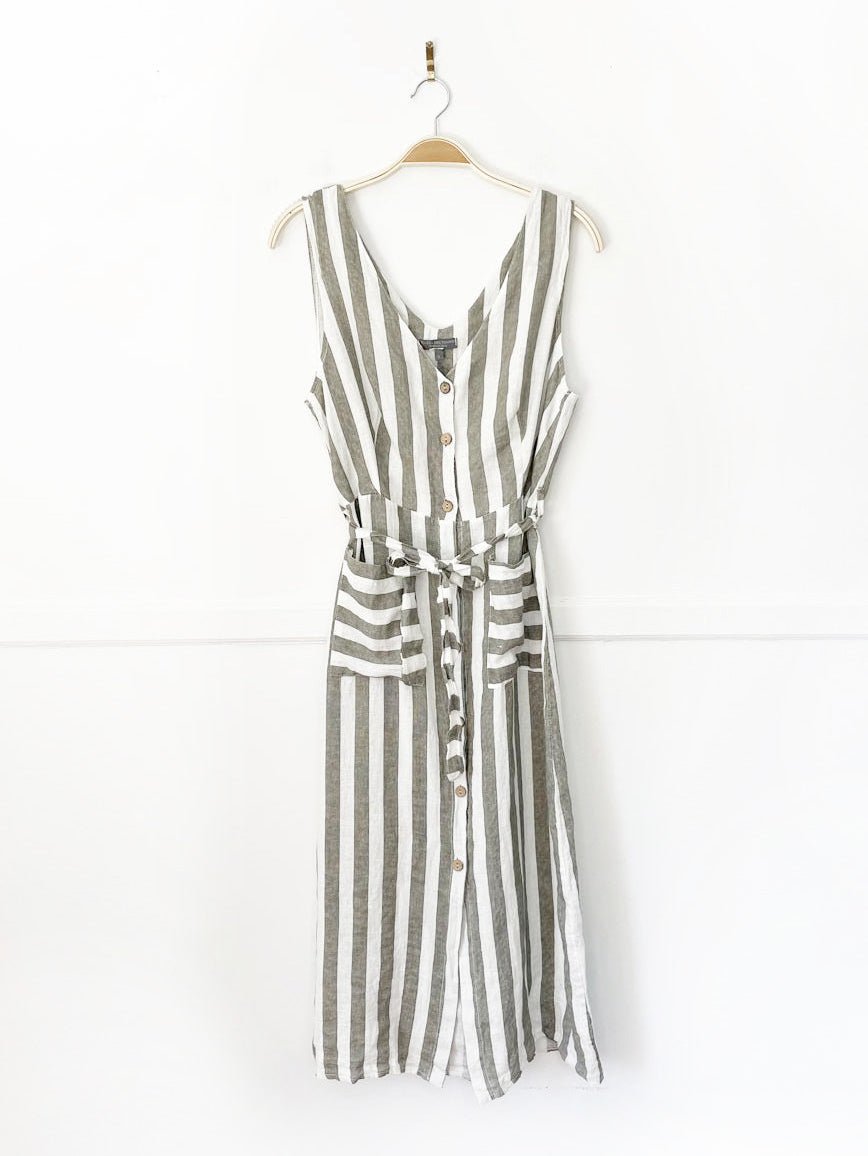 piazza del tempio 100% linen striped full button belted midi dress | made in italy - good market thrift store
