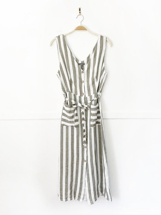 piazza del tempio 100% linen striped full button belted midi dress | made in italy - good market thrift store