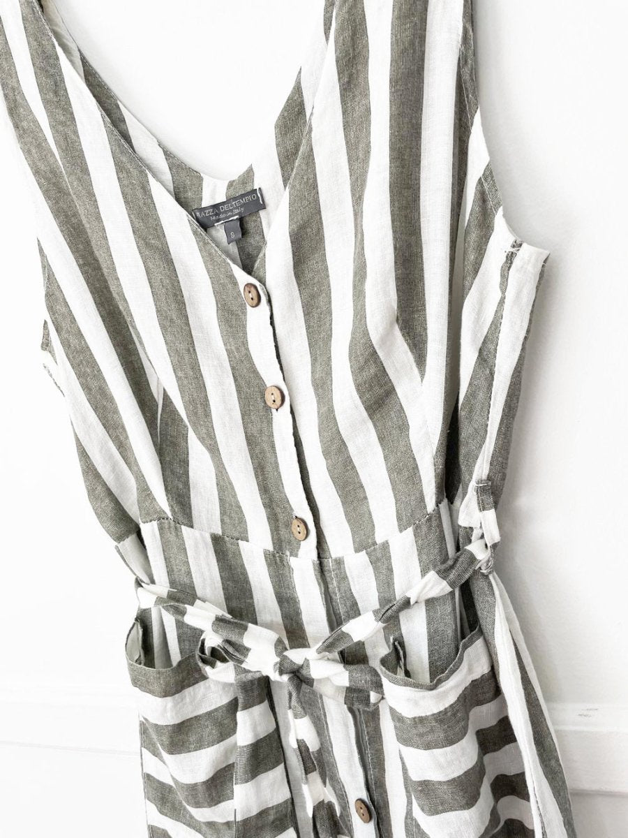 piazza del tempio 100% linen striped full button belted midi dress | made in italy - good market thrift store