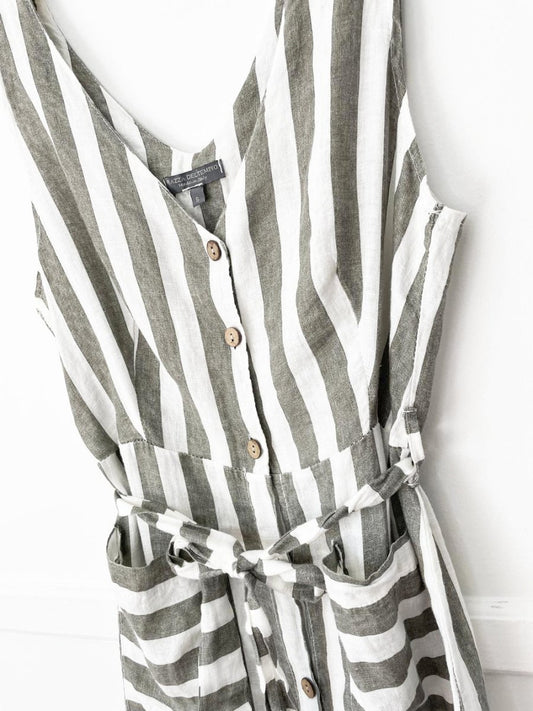 piazza del tempio 100% linen striped full button belted midi dress | made in italy - good market thrift store