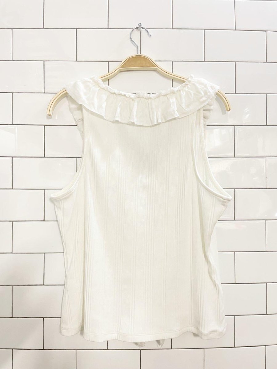 pilcro ruffled neck ribbed sleeveless top | anthropologie - good market thrift store