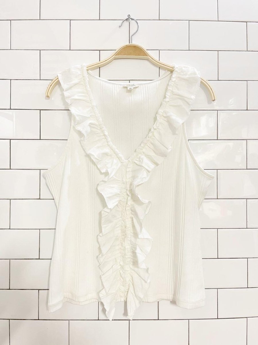 pilcro ruffled neck ribbed sleeveless top | anthropologie - good market thrift store
