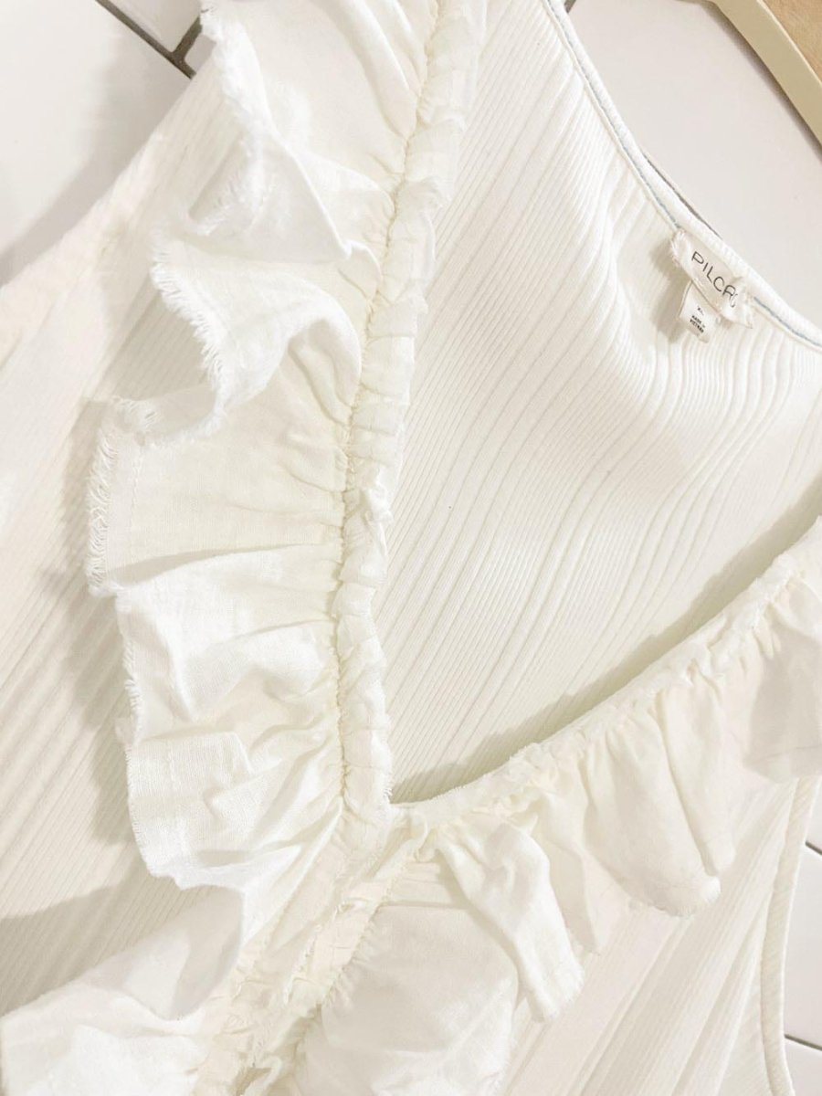pilcro ruffled neck ribbed sleeveless top | anthropologie - good market thrift store
