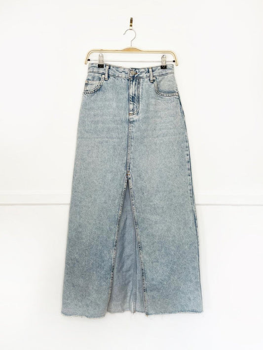 pilcro the madi front slit soft denim raw hem maxi skirt | anthropologie - good market thrift store