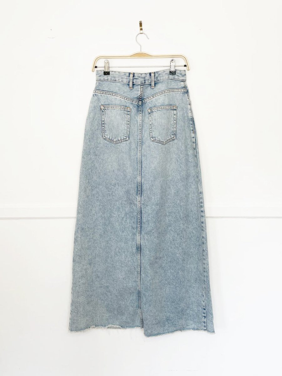 pilcro the madi front slit soft denim raw hem maxi skirt | anthropologie - good market thrift store
