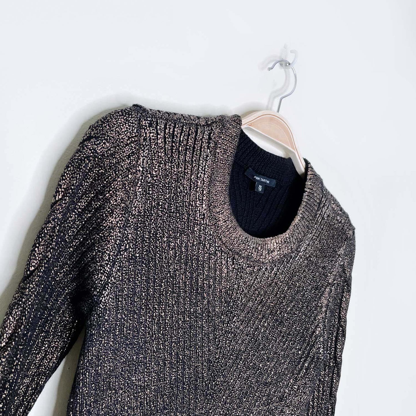pink tartan gold shimmer 100% wool knit pullover - size xs