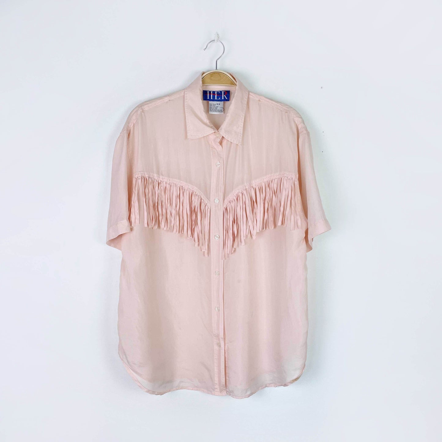 vintage 80s HER pink silk ss fringe shirt