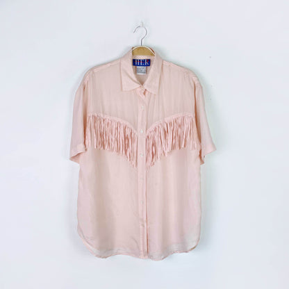 vintage 80s HER pink silk ss fringe shirt