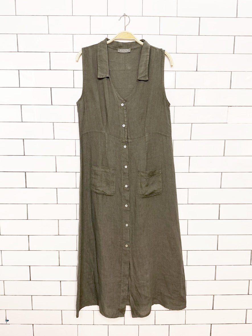 pistache 100% linen shell button collared a-line maxi dress | made in Italy - good market thrift store