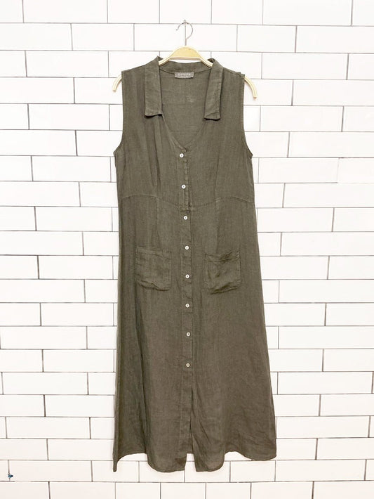 pistache 100% linen shell button collared a-line maxi dress | made in Italy - good market thrift store