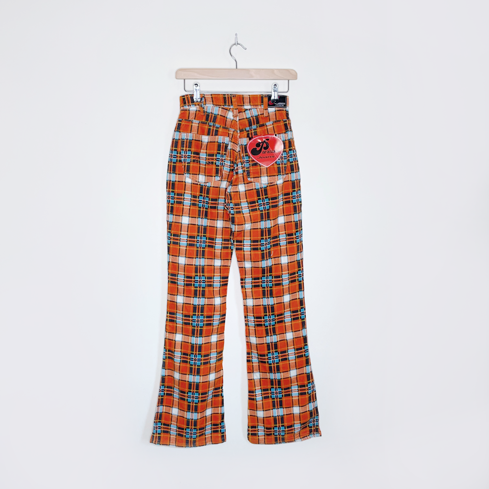 nwt deadstock parasuco orange plaid corduroy flare pants