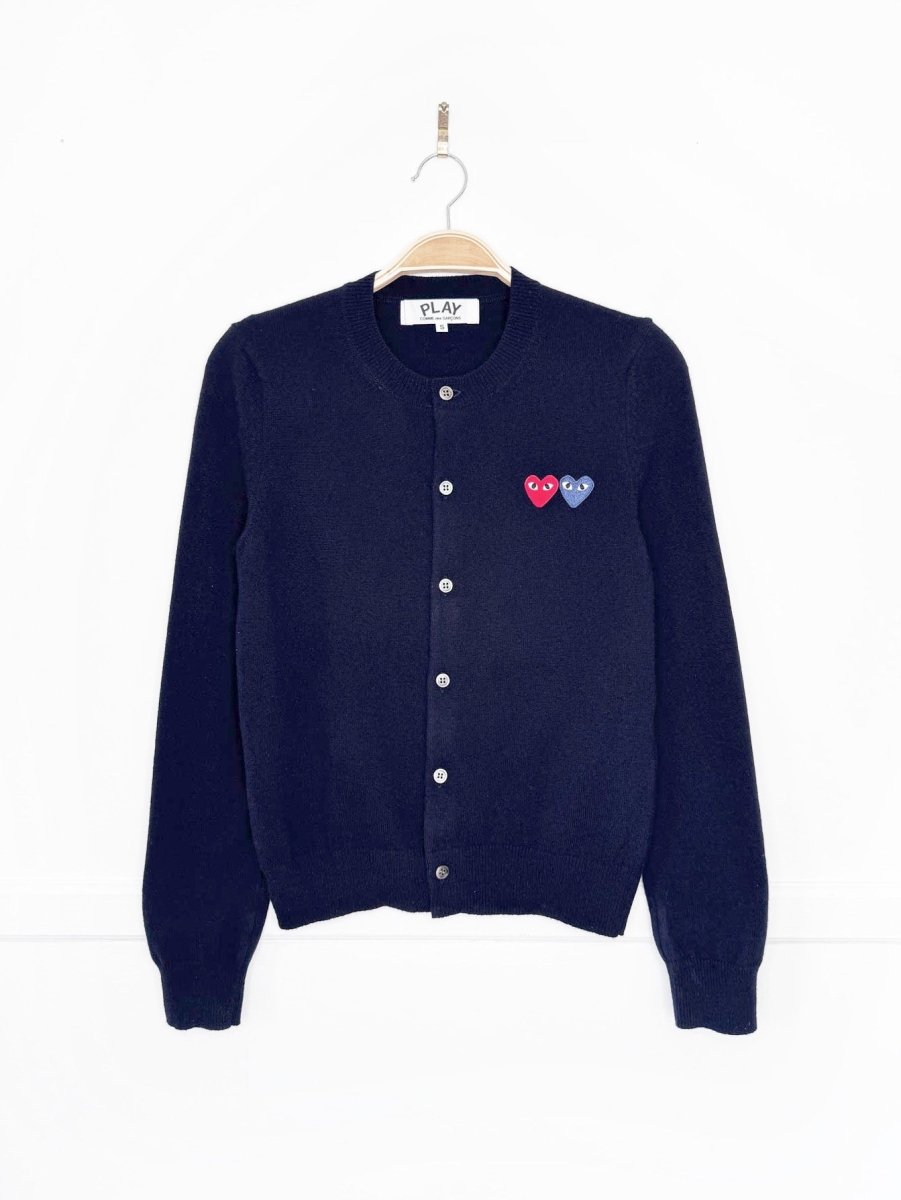 play commes des garcons 100% wool double heart knit cardigan sweater - good market thrift store